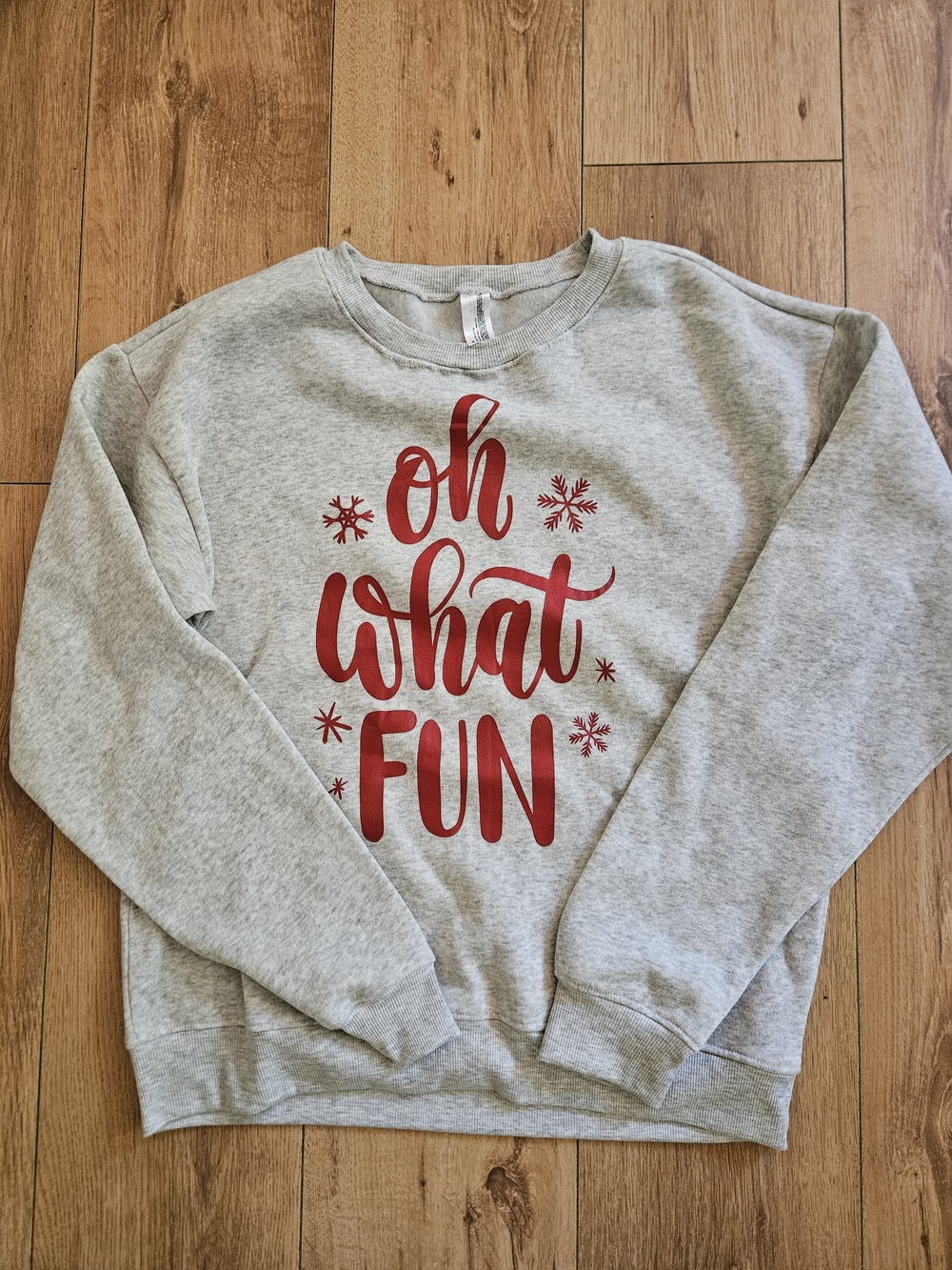 Gray Crewneck Sweatshirt with Red "Oh What Fun" Graphic